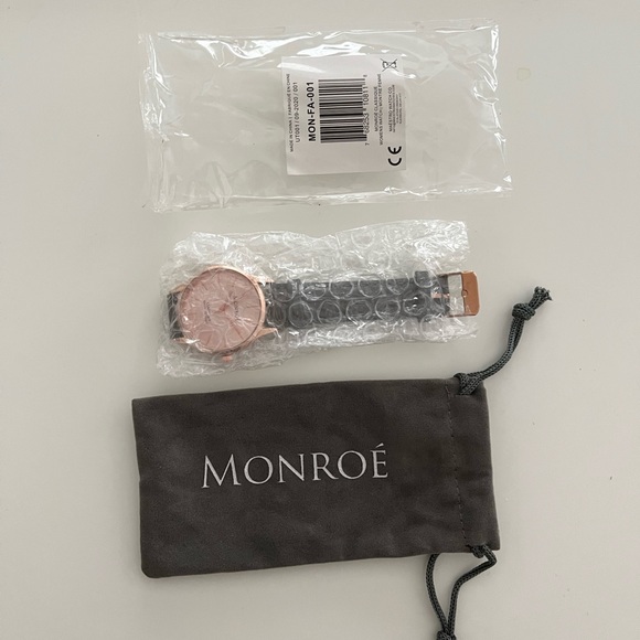 MONROE SOLÉROSE Watch- CHARCOAL LEATHER band, Round Rose Gold Face, NEW - Picture 3 of 6